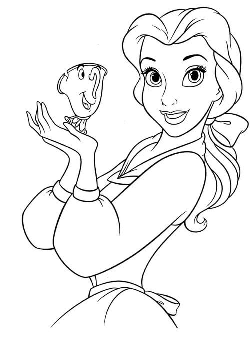 dibujo belle disney sosteniendo una taza mágica para colorear