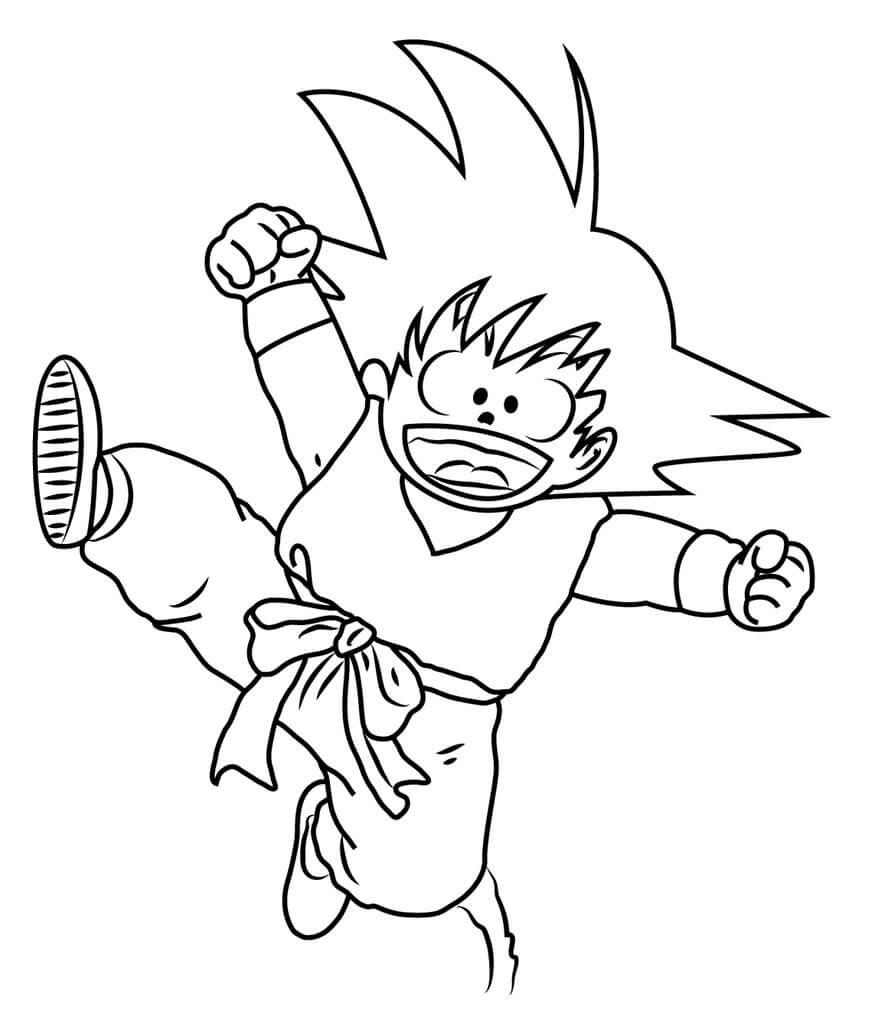dibujo divertido pequeño goku saltando para colorear