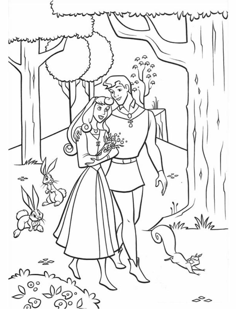 Desenho Imprimivel de Aurora e Phillip na Floresta para Pintar