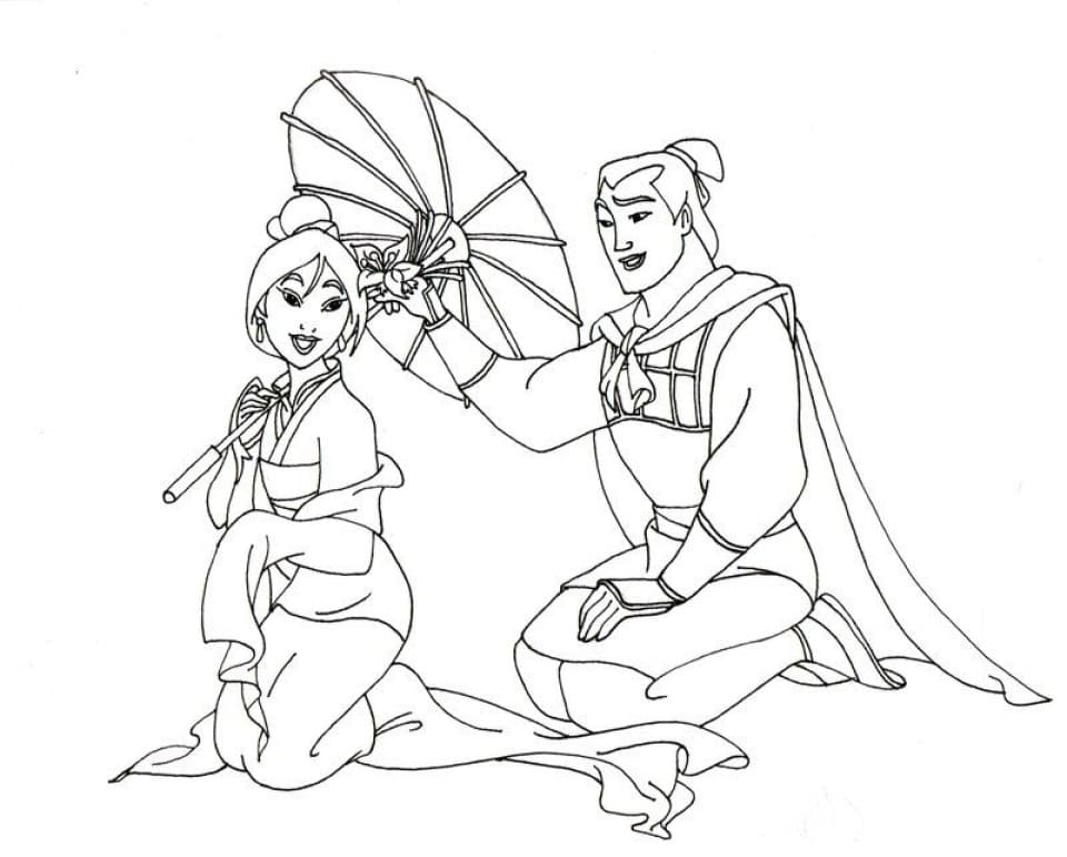Desenho Li Shang e Mulan para Colorir
