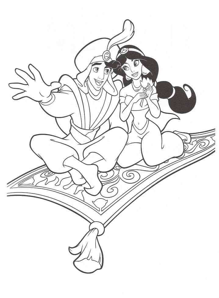 Desenho de Aladdin e Jasmine no Tapete Mágico para Colorir