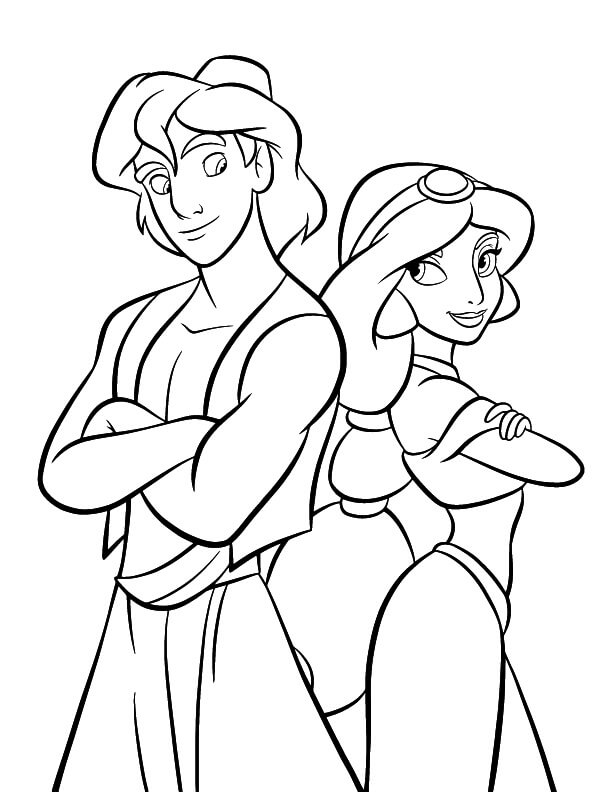 Desenho de Aladim e Jasmine para Colorir