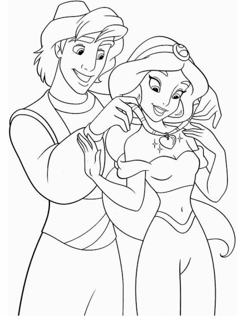 Desenho de Aladim Presenteando Jasmine com Lindo Colar para Colorir