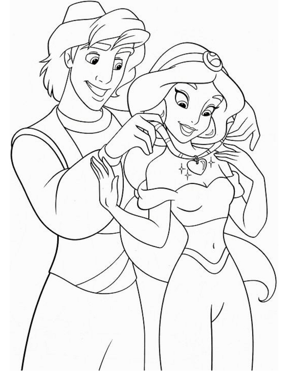 Desenho de Aladim Presenteando Jasmine com Lindo Colar para Colorir