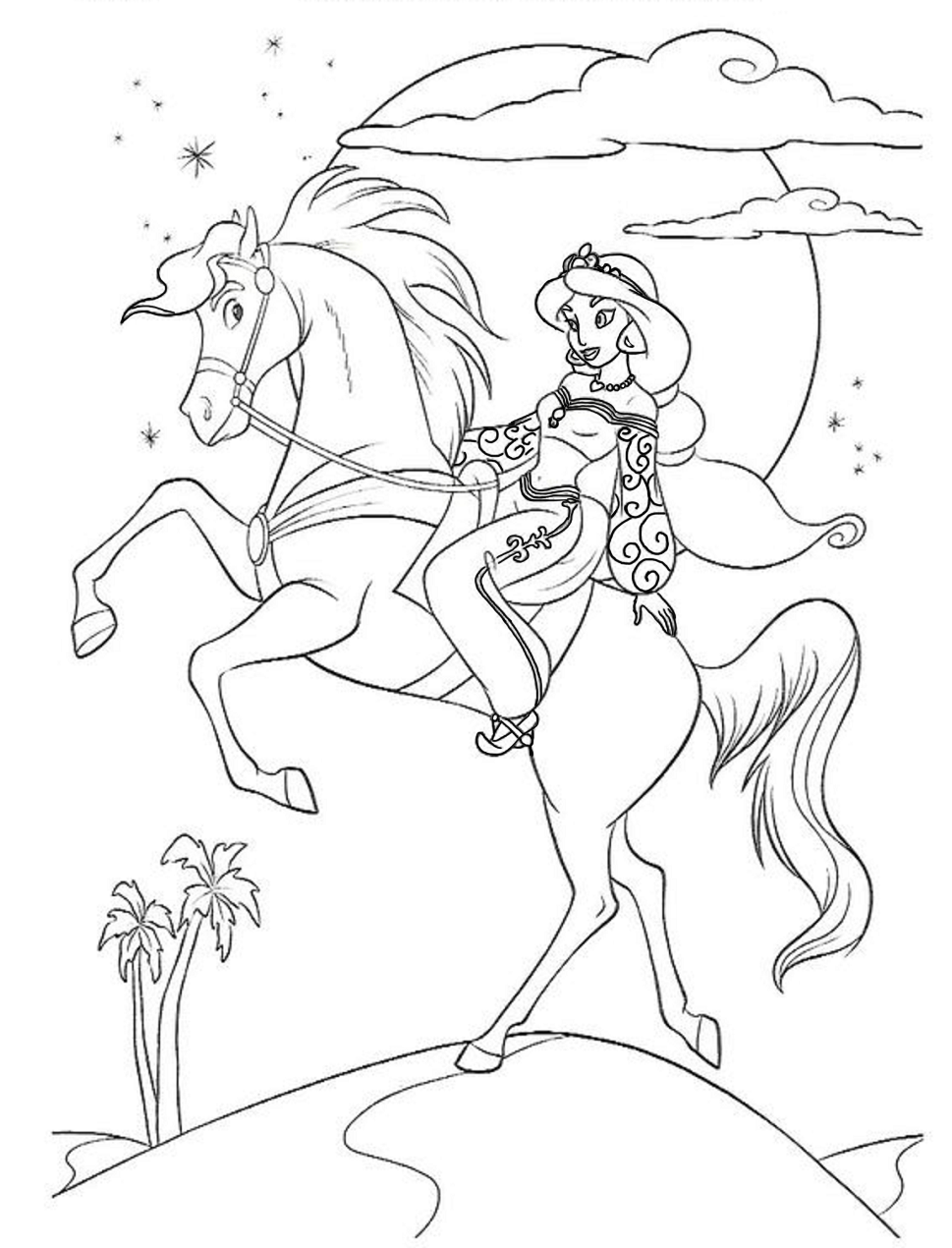 Desenho de Jasmine Montando um Cavalo para Colorir em Pdf