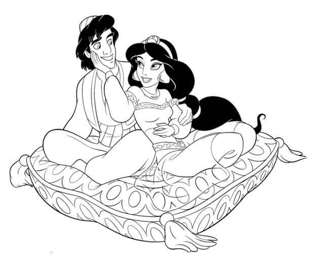 Desenho do Aladdin e Jasmine Passeando no Tapete Mágico para Colorir