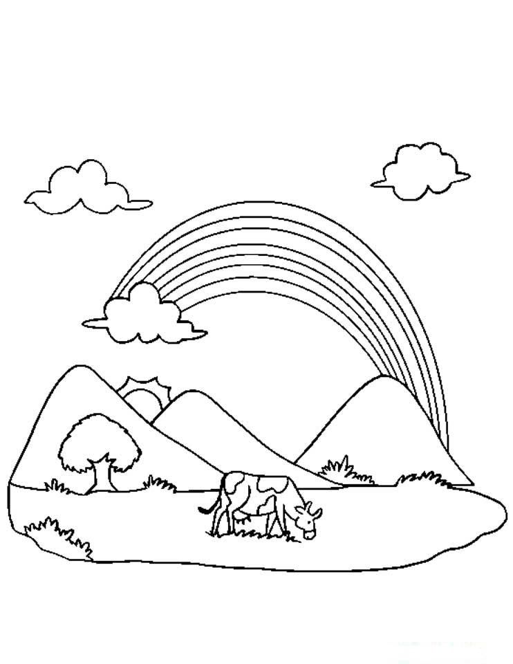Desenho Simples de Arco Íris na Fazenda para Colorir