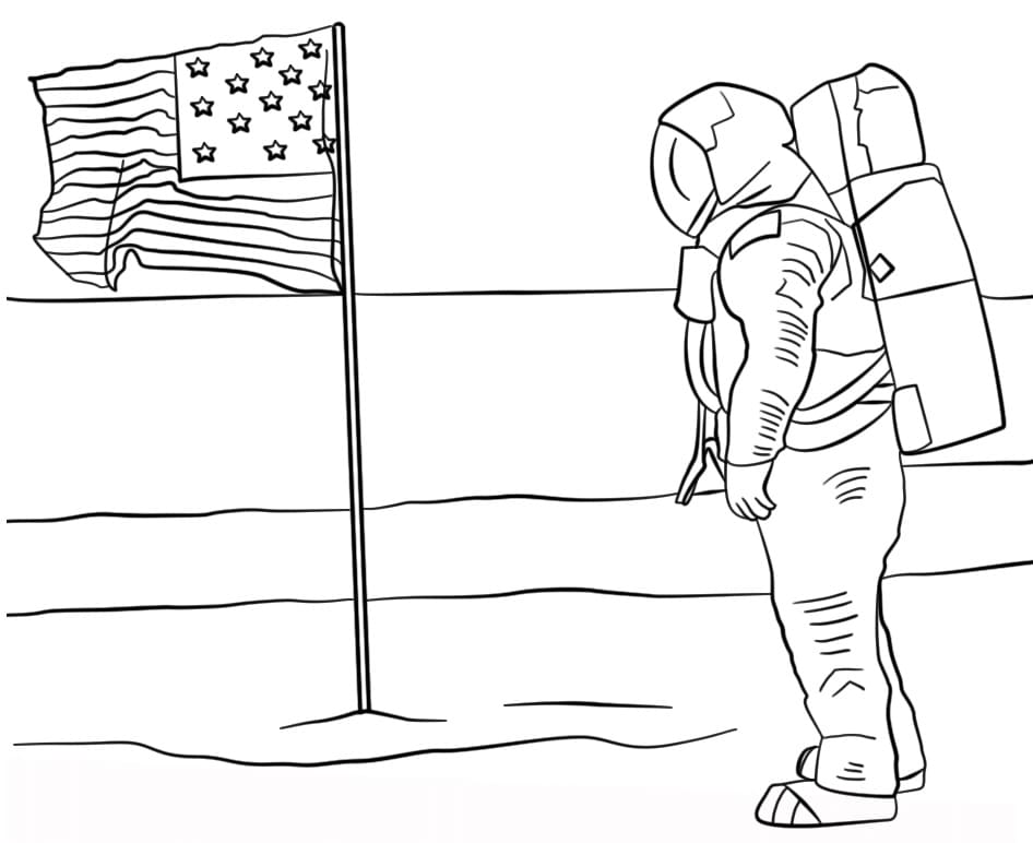 Desenho de Astronauta na Lua com Bandeira dos Estados Unidos para Colorir