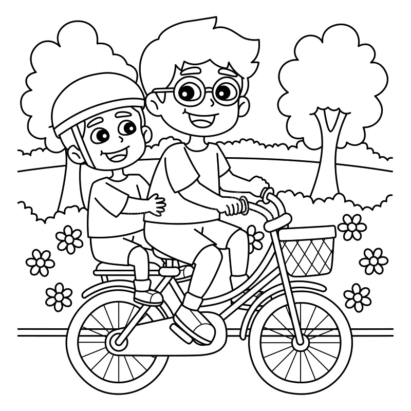 Desenho de Pai e Filho de Bicicleta no Parque para Imprimir Download