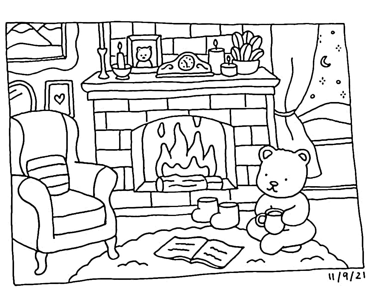 Desenho de Urso Bobbie Goods Perto da Lareira para Colorir