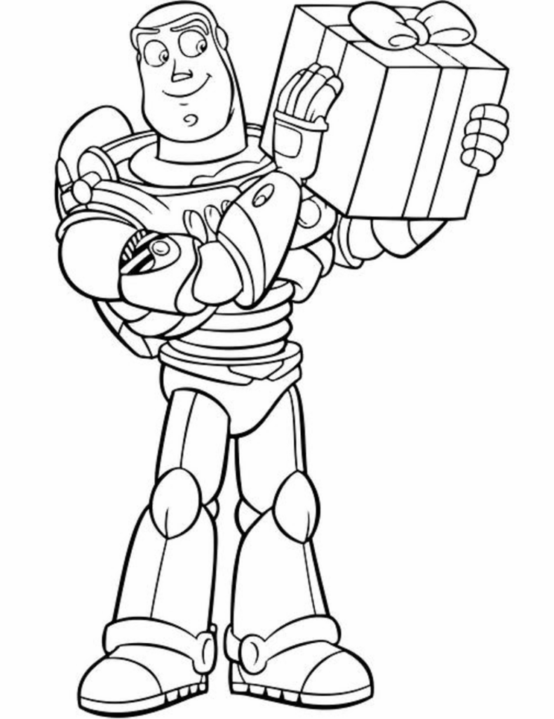 Desenho de Buzz Lightyear com Presente para Imprimir e Colorir em Pdf