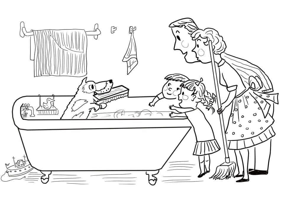 Desenho Cachorro Brincando na Banheira para Colorir