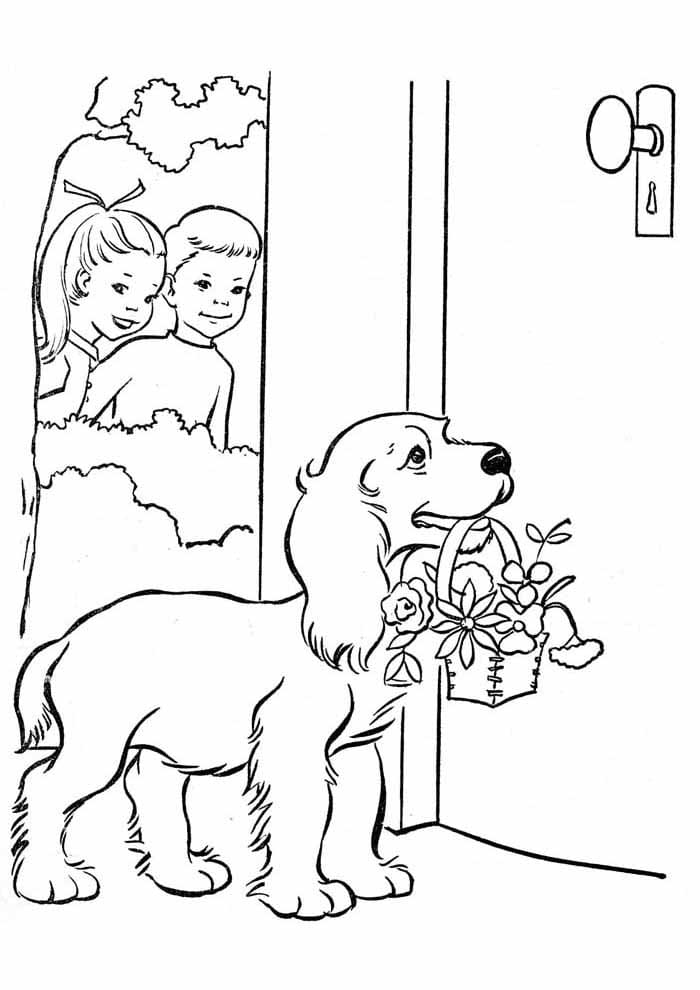 Desenho de Cachorro com Cesta de Flores para Colorir