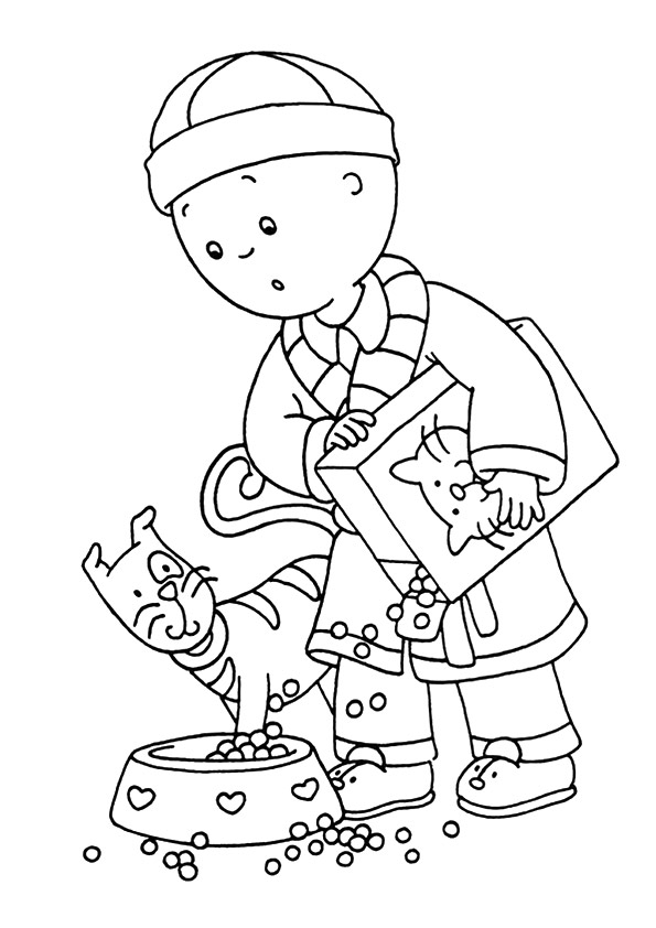 Desenho de Caillou Alimentando Gato Fofo para Colorir