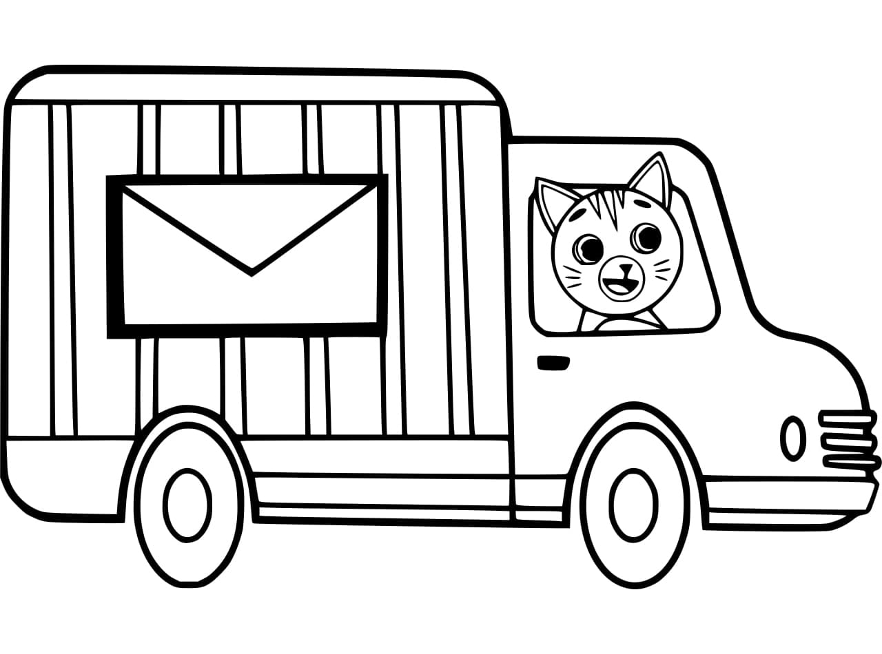 Desenho de Gato em um Caminhão para Colorir