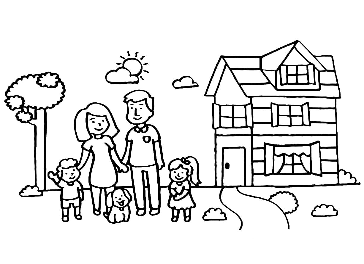 Desenho de Família e Casa para Colorir