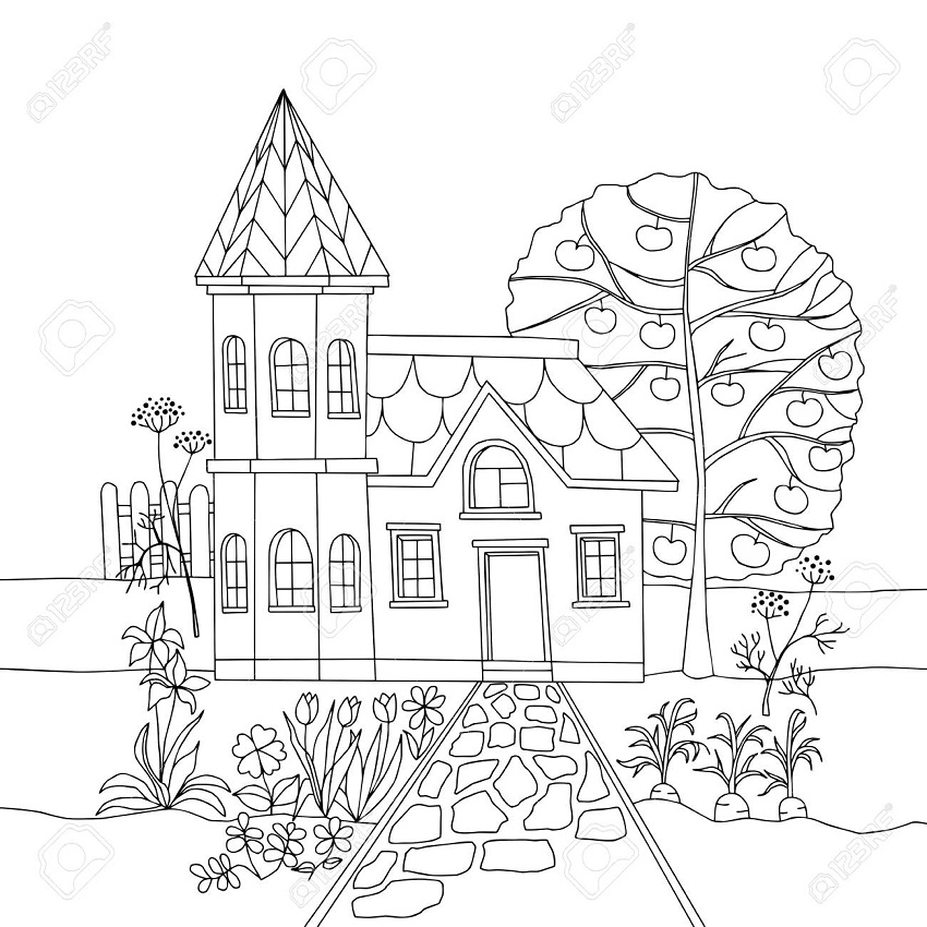 Desenho Imprimivel de Casa com Jardim e Flores para Pintar Grátis
