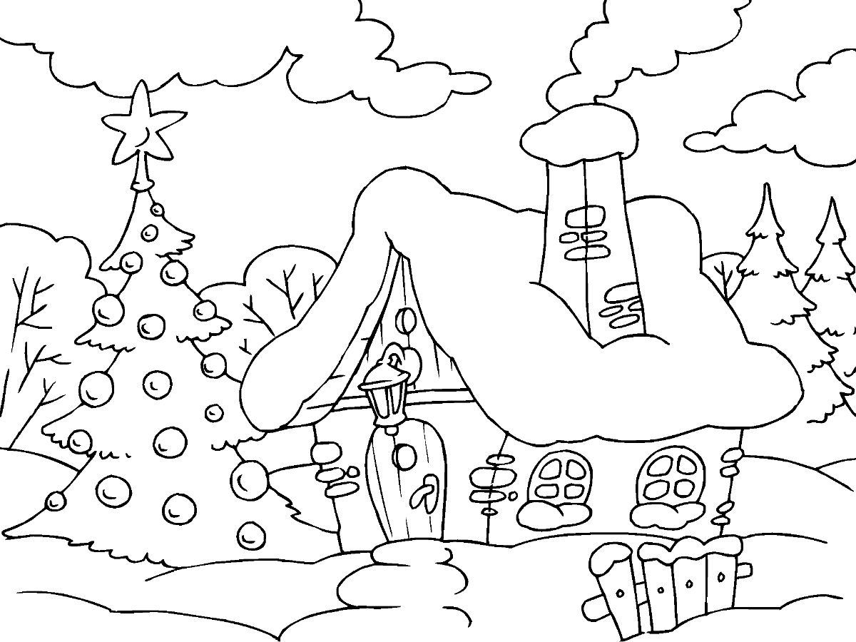 Desenho Imprimivel de Casa Natalina com Neve para Colorir