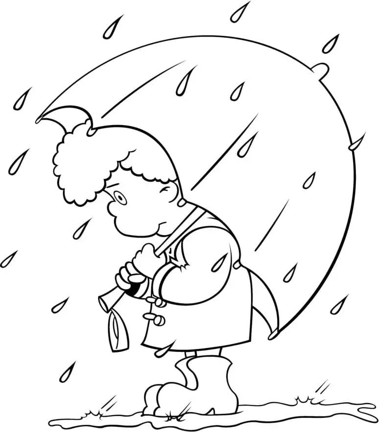 Desenho de um Menino Está sob a Chuva para Colorir