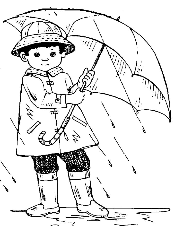 Desenho de um Menino na Chuva para Colorir