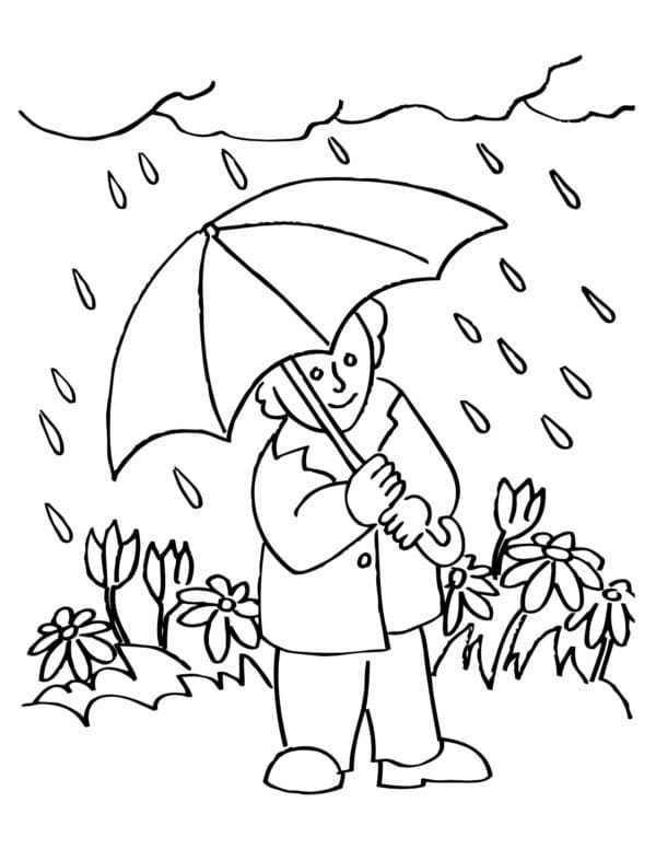 Desenho de um Menino sob a Chuva para Colorir