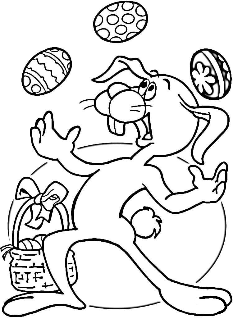 Desenho de Coelho Fazendo Malabarismo com Ovos de Páscoa Download Pdf para Imprimir