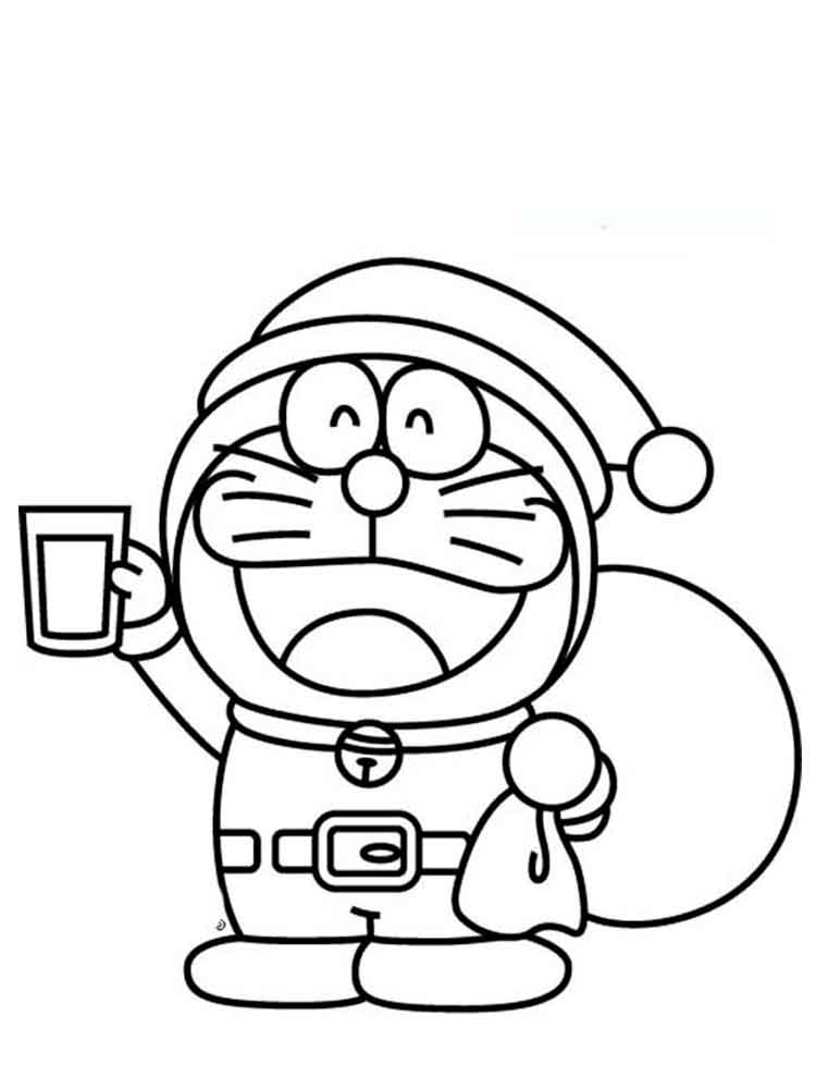 Desenho de Doraemon com Roupa de Papai Noel para Colorir