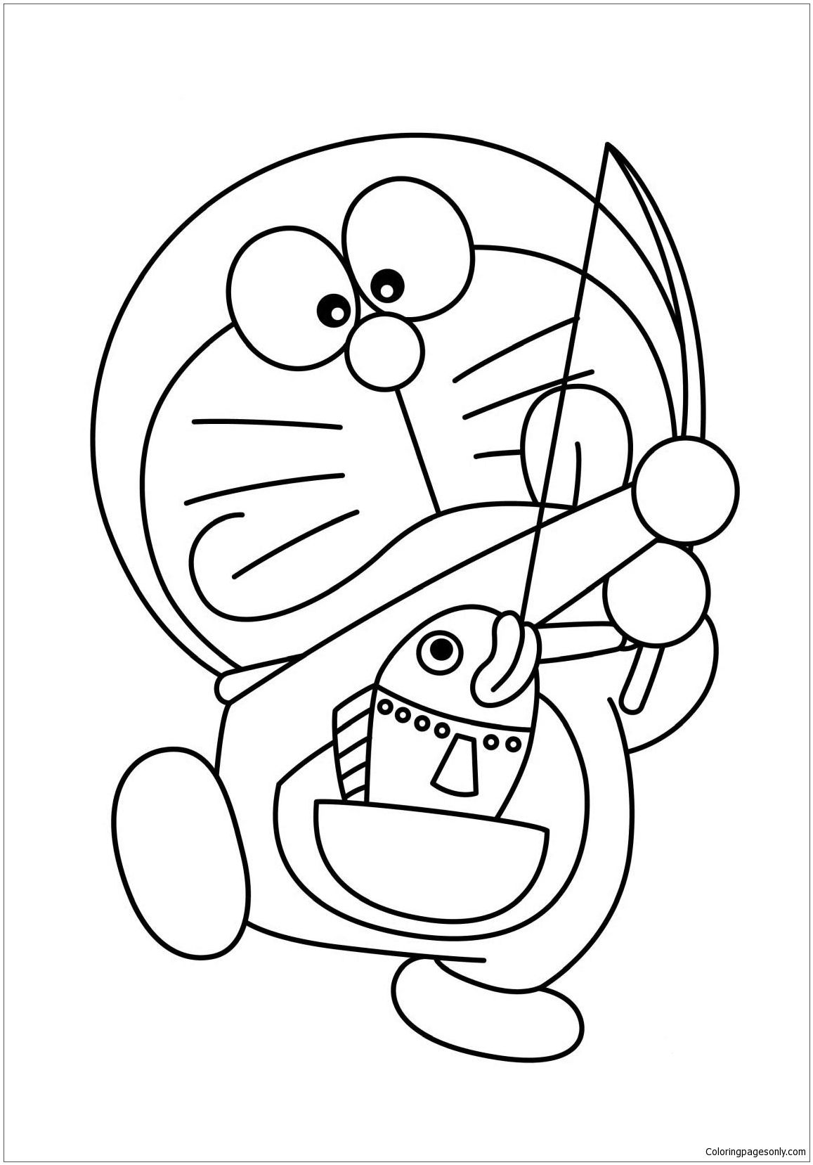 Desenho de Doraemon Pescando no Rio para Colorir