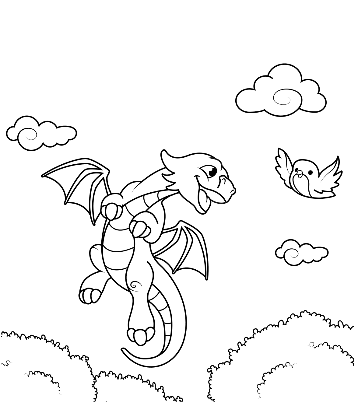 Desenho de Dragão Voando com Seu Amigo Pássaro na Floresta para Colorir