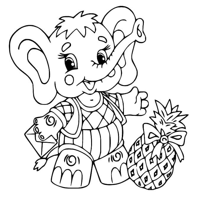 Desenho de Elefante com Abacaxi para Colorir