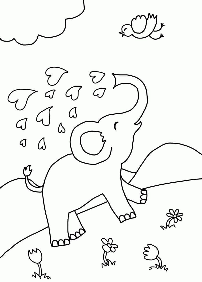 Desenho de Elefante e Pássaro para Colorir