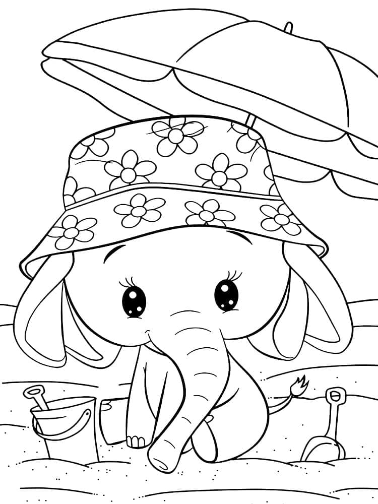 Desenho de Kawaii Elefante na Praia para Colorir