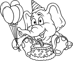 Desenho de Elefante Comemorando Aniversário com Bolo para Colorir