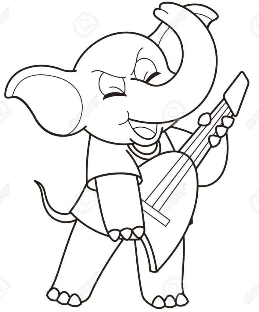 Desenho de Elefante Guitarrista para Pintar Pdf