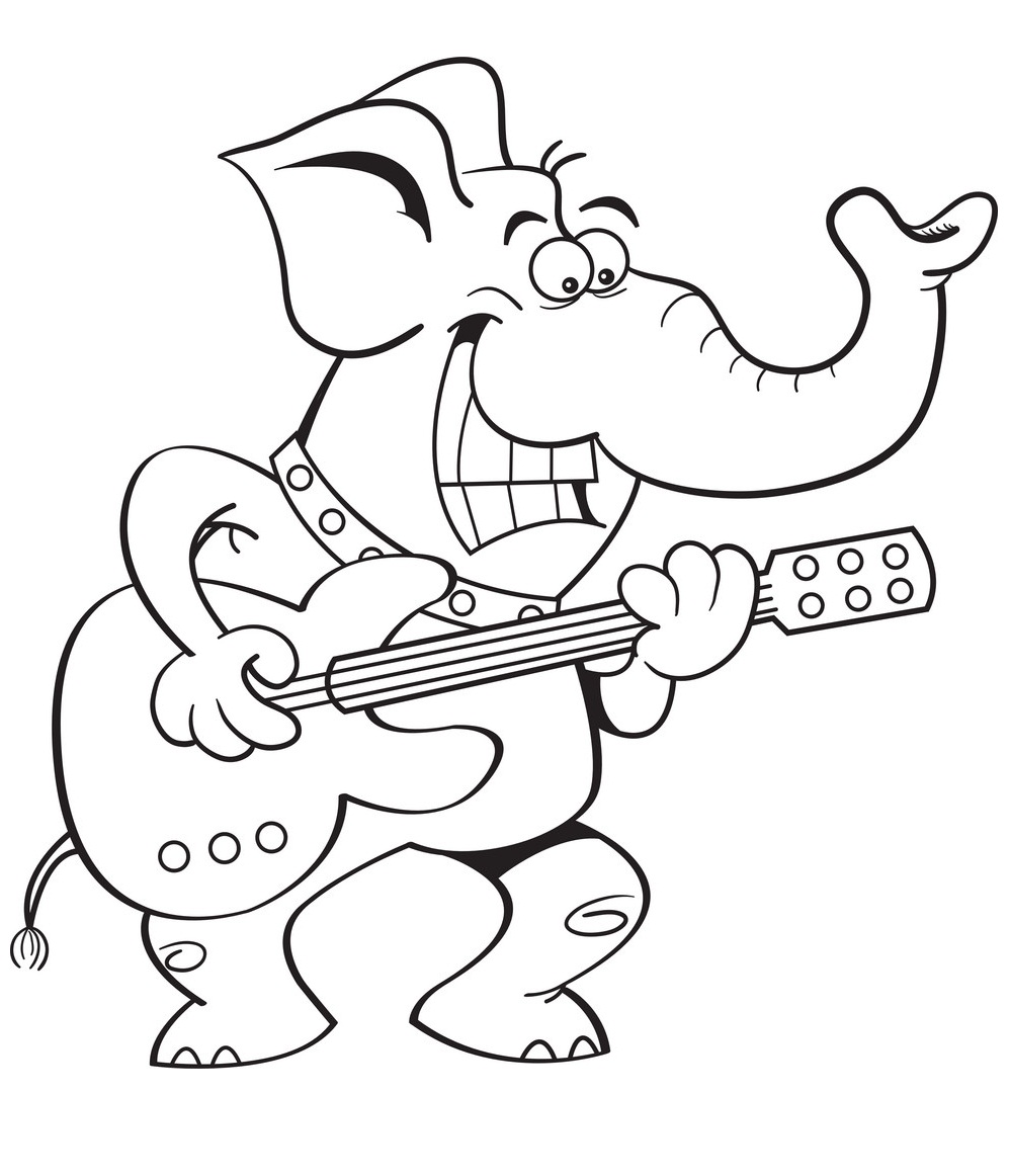 Desenho de Elefante Tocando Guitarra para Colorir