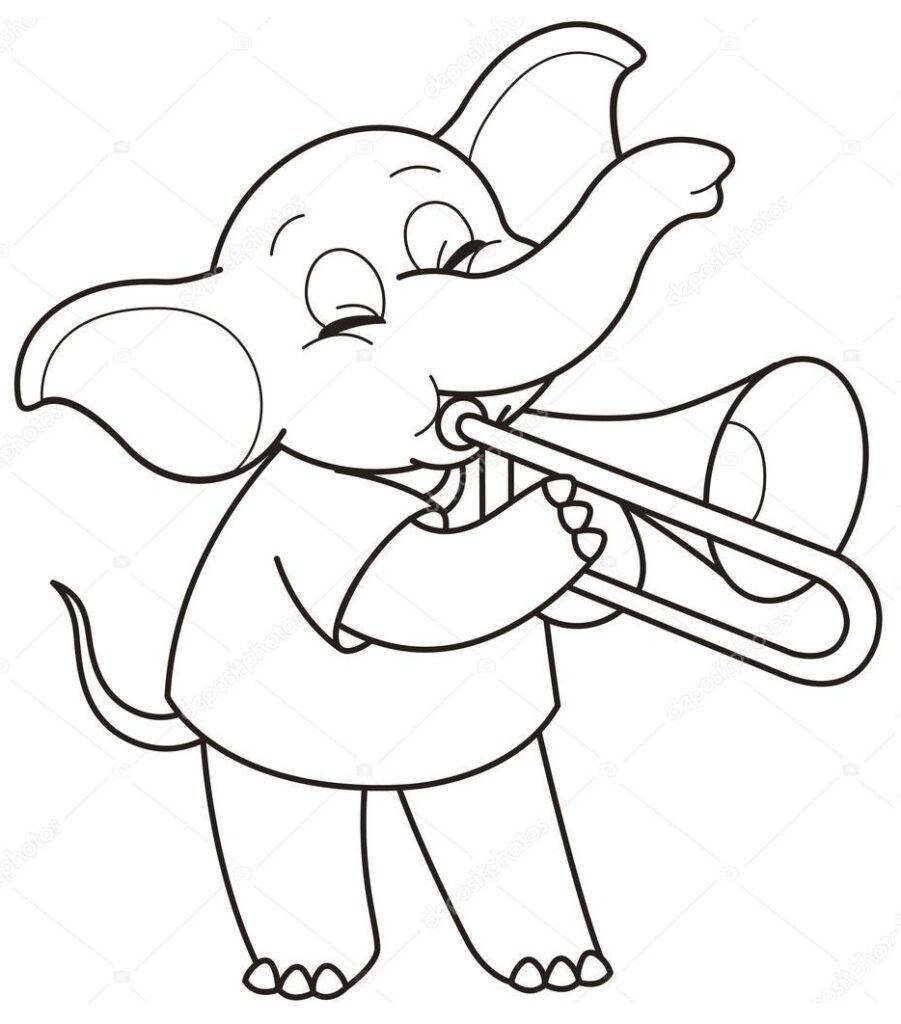 Desenho de Elefante Tocando Trombone para Colorir