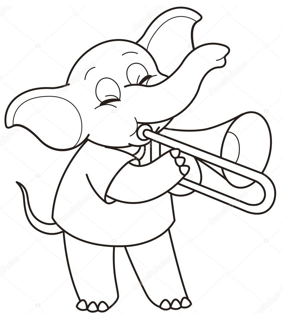 Desenho de Elefante Tocando Trombone para Colorir
