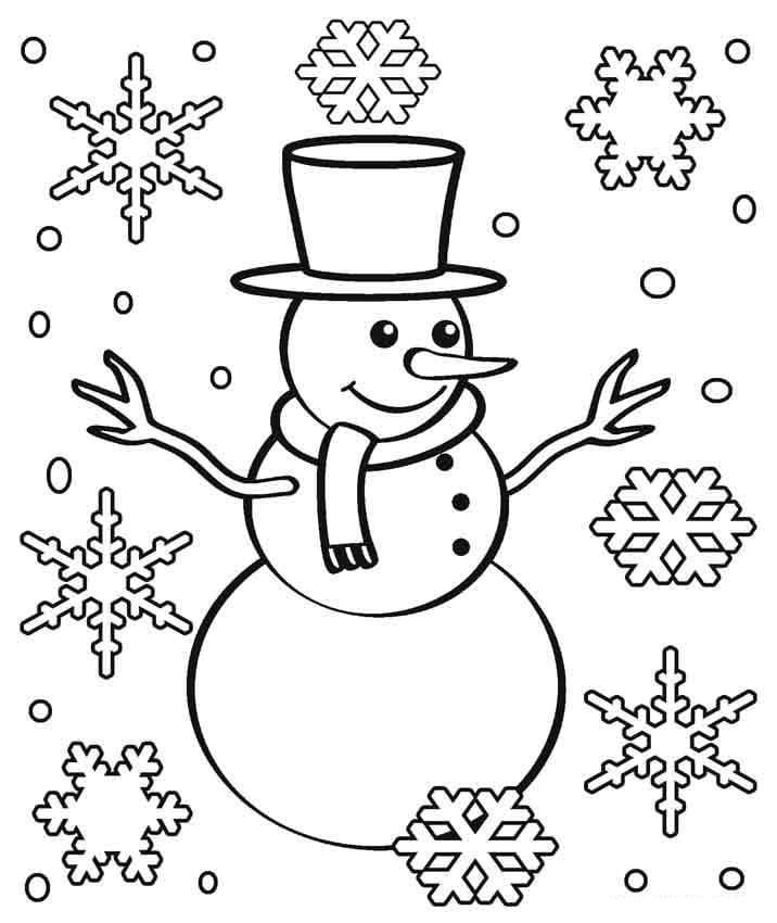 Desenho de Boneco de Neve e Flocos de Neve para Colorir