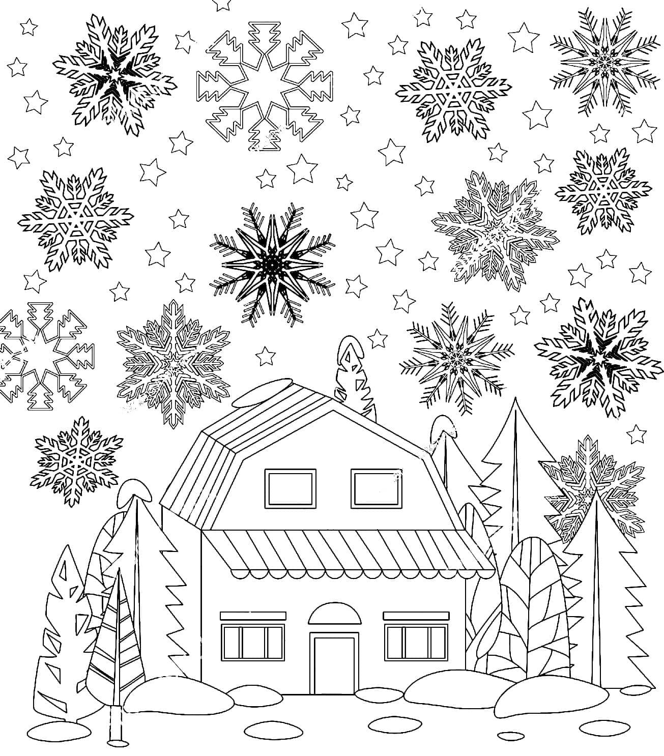 Desenho de Casa e Flocos de Neve para Colorir