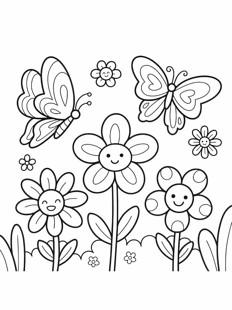 Desenho de Flores e Borboletas Fofas para Colorir