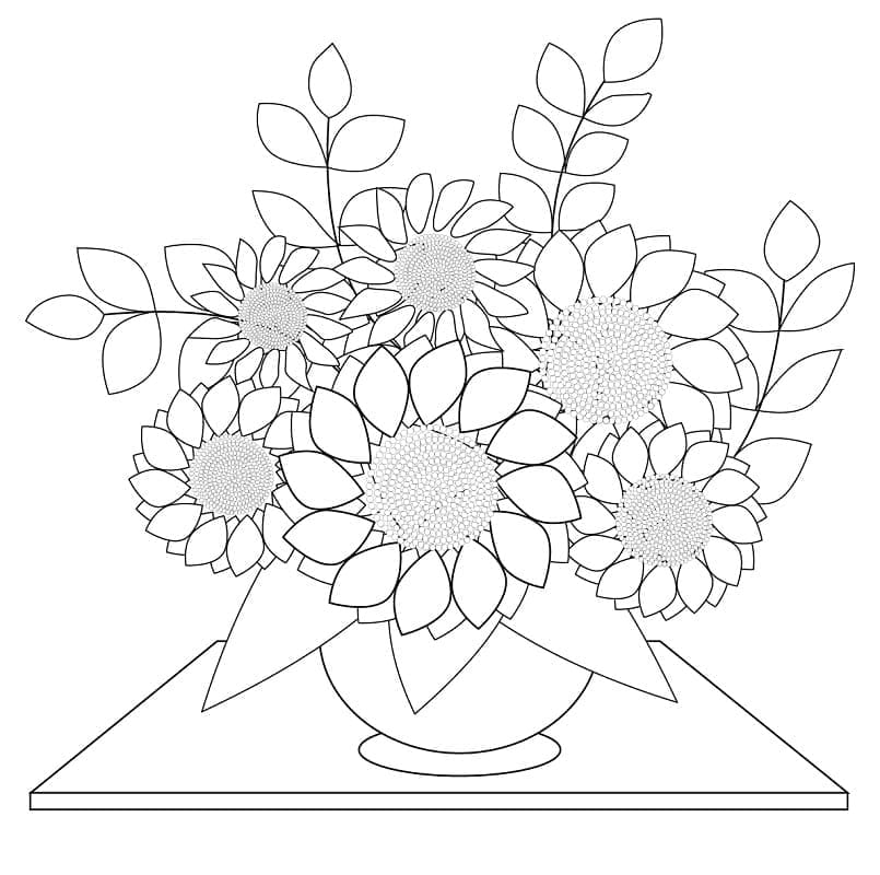 Desenho de um Vaso de Girassóis para Colorir