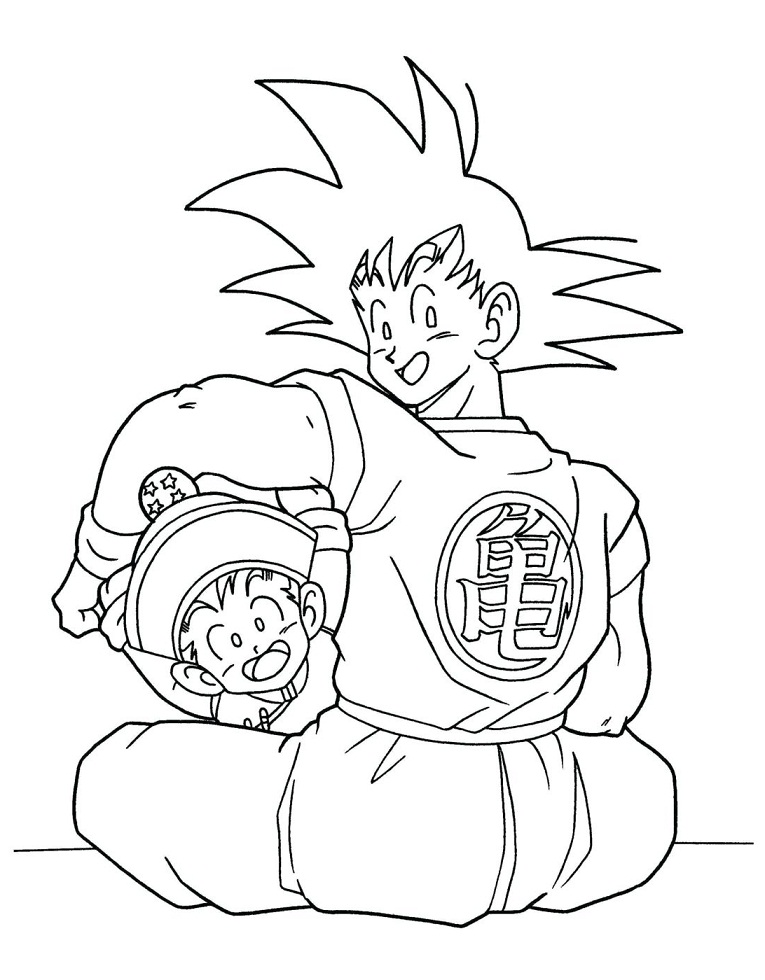 Desenho de Goku e Gohan Brincando para Colorir