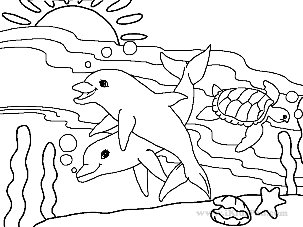 Desenho de Dois Golfinhos no Fundo do Oceano Brincando com Tartaruga para Pintar