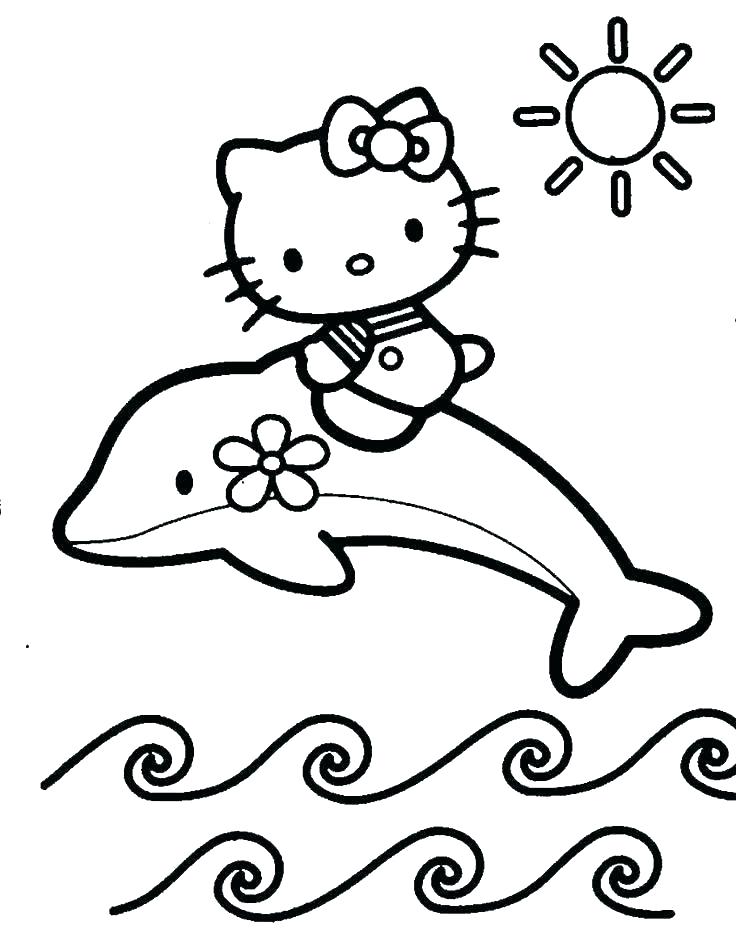 Desenho de Hello Kitty com Golfinho Passeando no Mar para Colorir