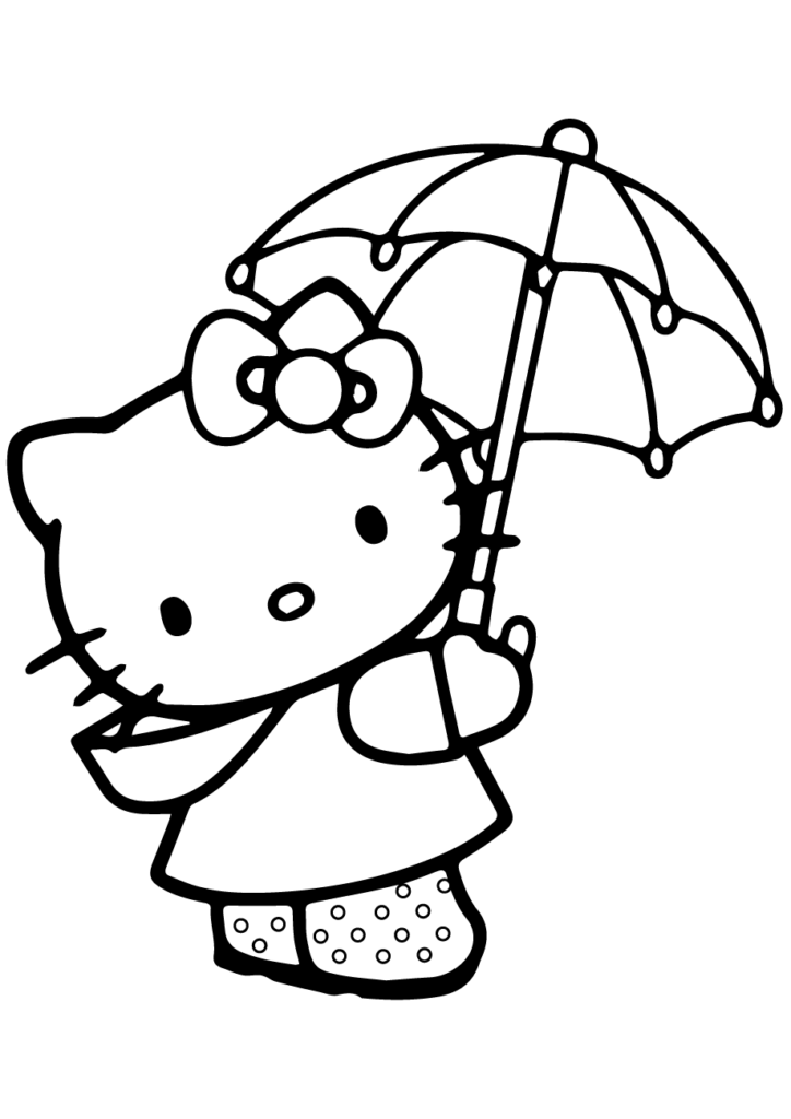 Desenho de Hello Kitty com Roupas e Acessórios para Dia de Chuva para Colorir