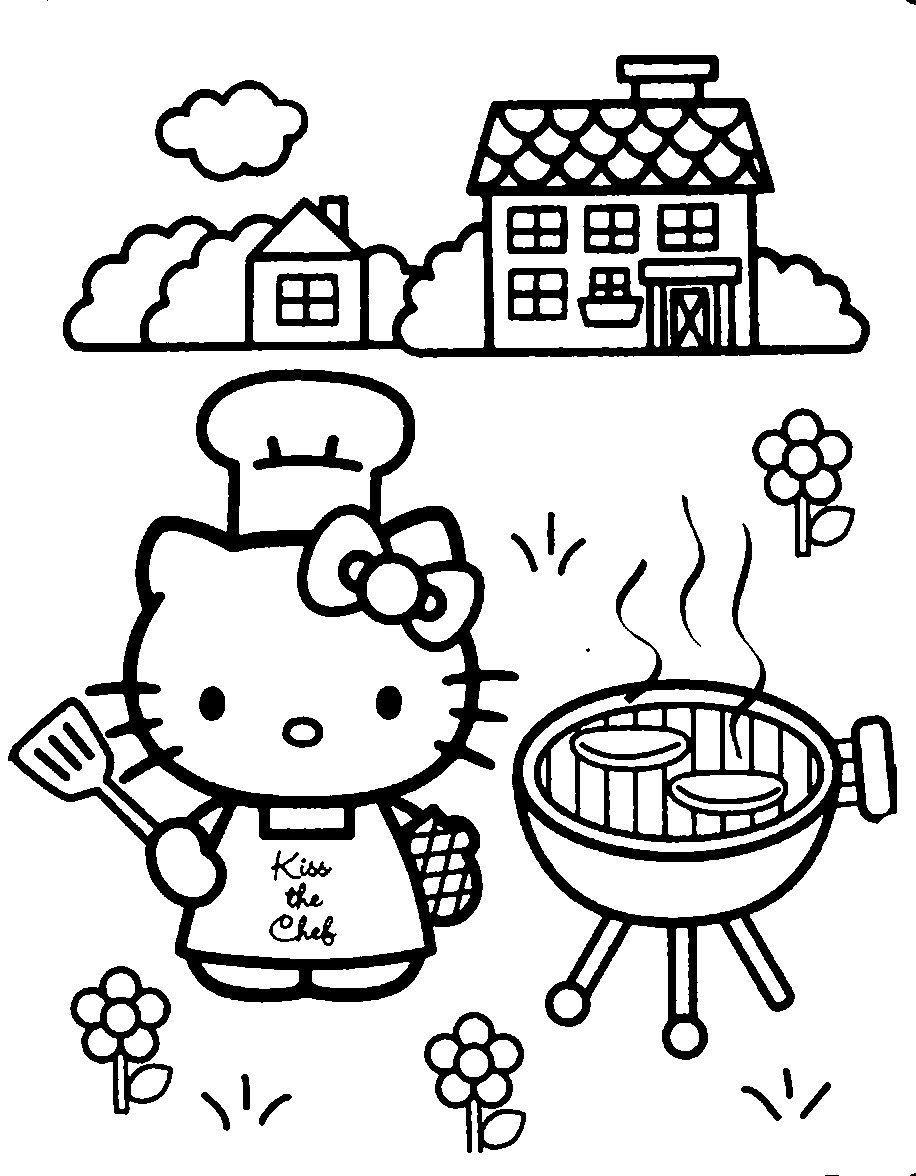 Desenho de Hello Kitty em Churrasco para Colorir Pdf Grátis