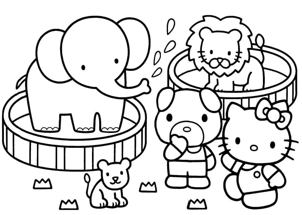 Desenho Hello Kitty no Zoológico para Colorir