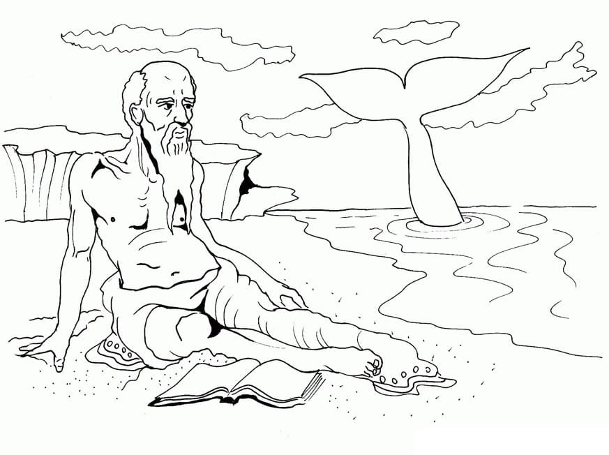 Desenho de Jonas e a Baleia Orando Dentro da Baleia para Pintar com Lápis de Cor