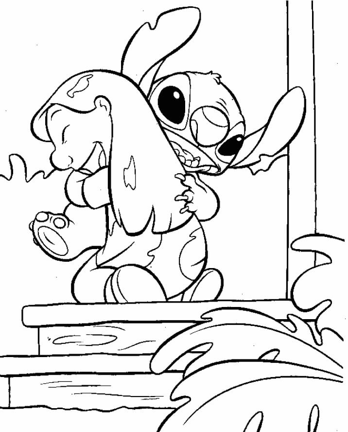 Desenho de Lilo Abraçando Seu Amigo Stitch na Escada para Colorir