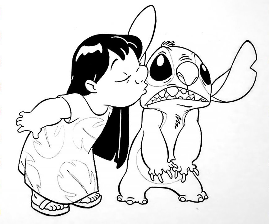 Desenho de Lilo Beijando Rosto de Stitch A4 para Colorir